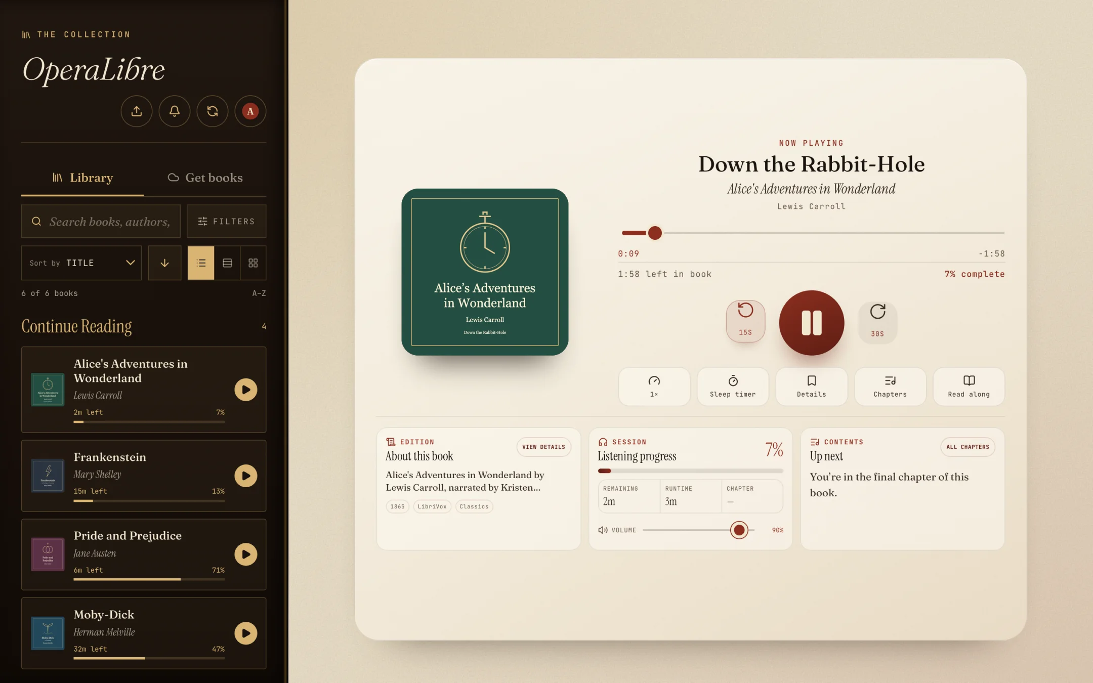 OperaLibre in a browser: the library with four books in progress on the left, and the player for Alice’s Adventures in Wonderland on the right.