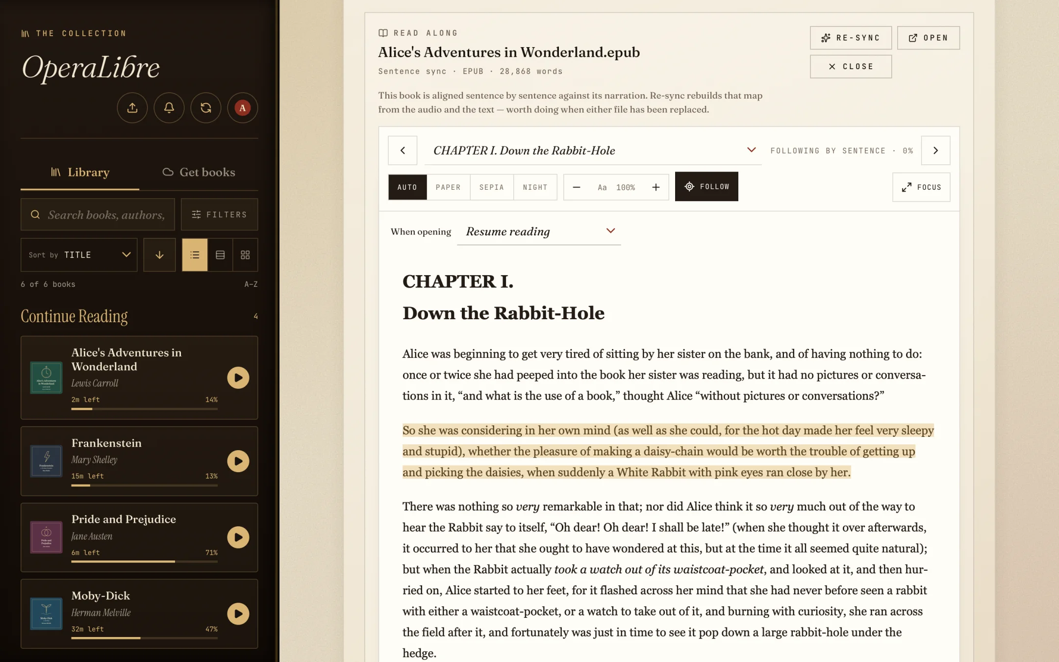 Web app with the EPUB reader open beside the library, the sentence being narrated highlighted.
