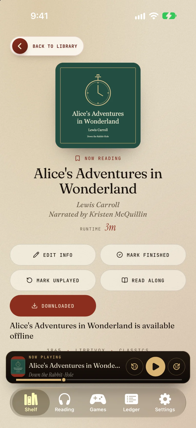Book page on iPhone showing the cover, narrator and runtime, with the book marked as downloaded and available offline.