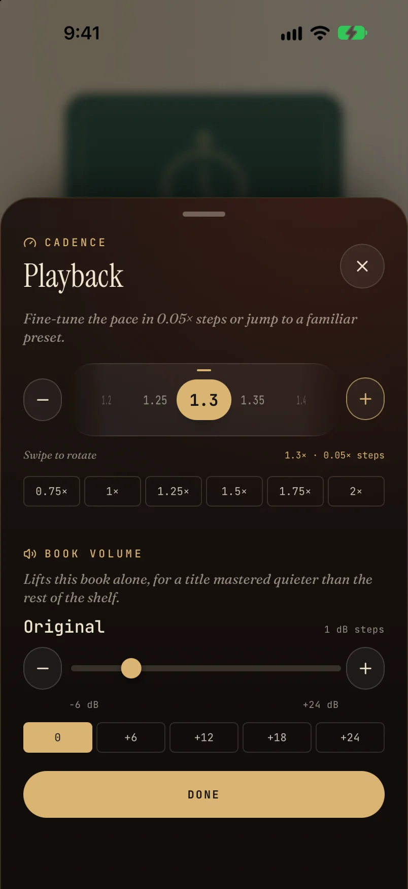 Playback sheet on iPhone: a speed dial set to 1.3 times with presets from 0.75 to 2, and a per-book volume slider from minus 6 to plus 24 decibels.