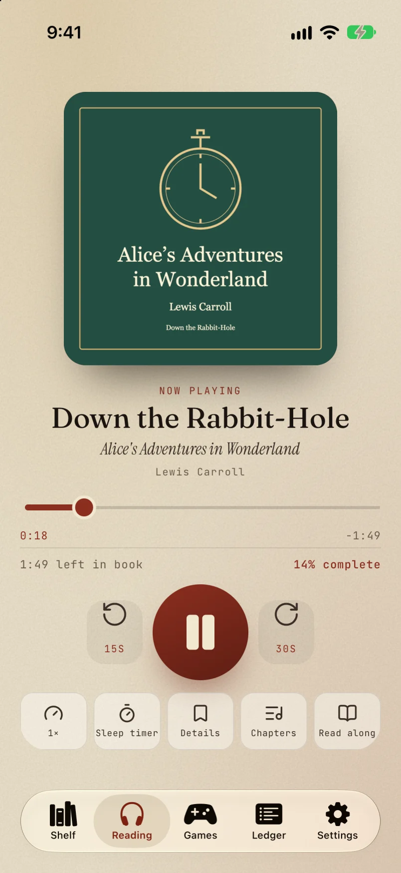 OperaLibre on iPhone playing the same book, with tabs for Shelf, Reading, Games, Ledger and Settings.