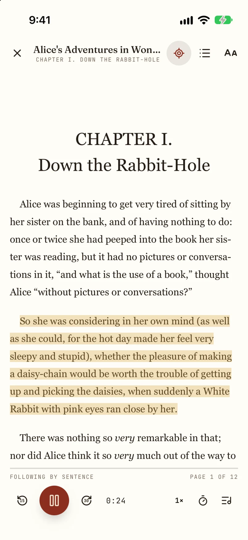 Full-screen reader on iPhone with the narrated sentence highlighted and playback controls along the bottom.