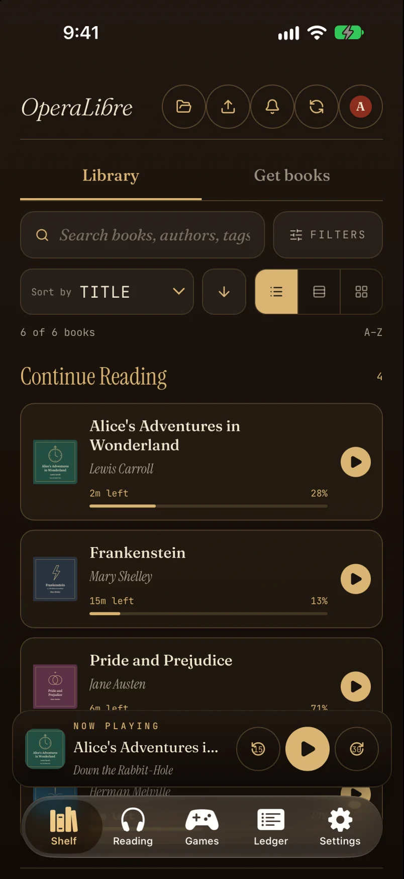 Shelf tab on iPhone: search, filters, sort and view controls above a Continue Reading list with progress for each book.