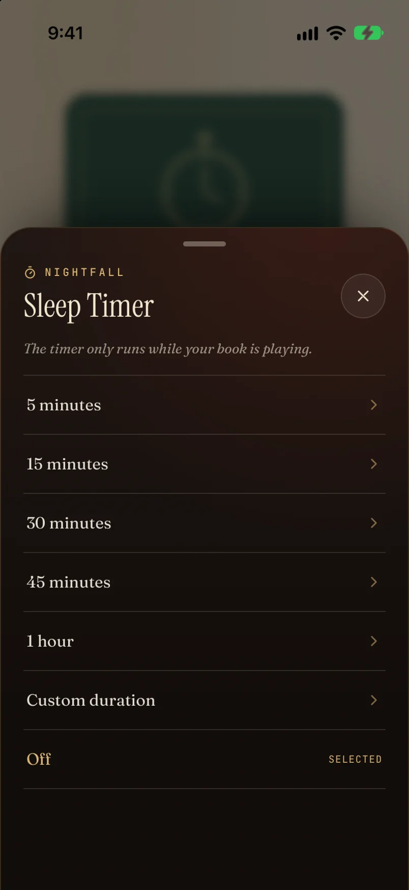 Sleep timer sheet on iPhone listing 5, 15, 30 and 45 minutes, 1 hour, a custom duration and off.